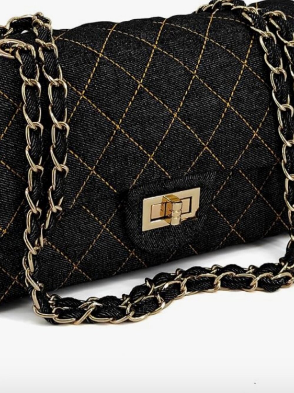 Quilted Denim Purse Gold Chain luxury style crossbody with gold hardware NWT